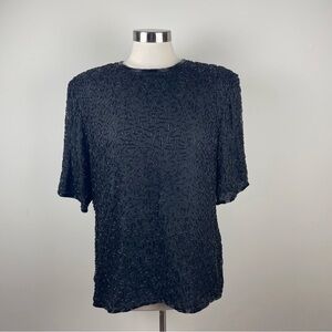 Laurence Kazar Black Beaded Vintage Cocktail Party Glam Blouse Top Women 2X